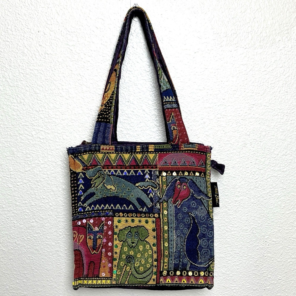 Laurel Burch Tapestry Cats Dogs Sequins Shoulder‎ Bag Purse Tote